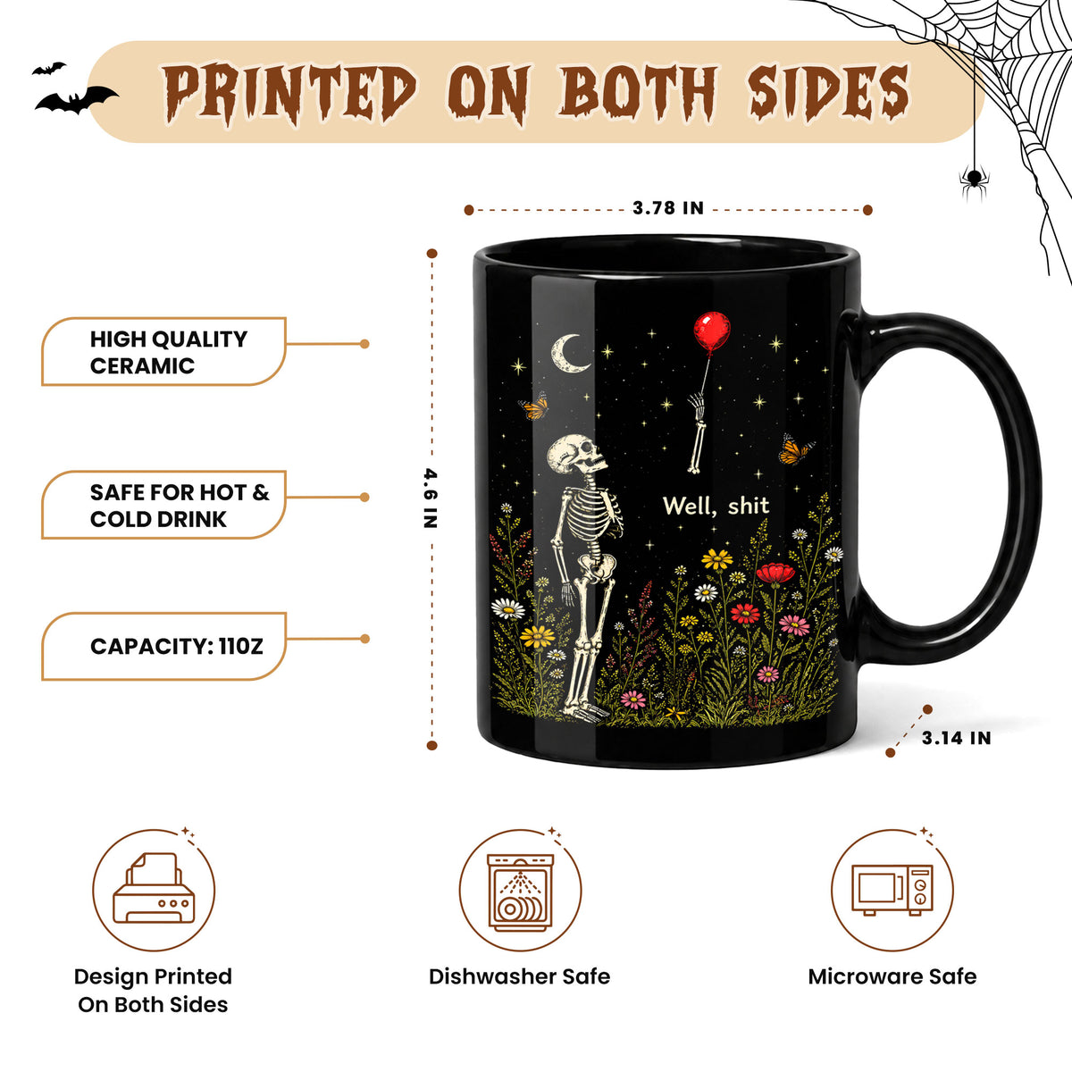 Skeleton Holding Red Balloon Halloween Mug, Funny Spooky Coffee Mug, Halloween Gift