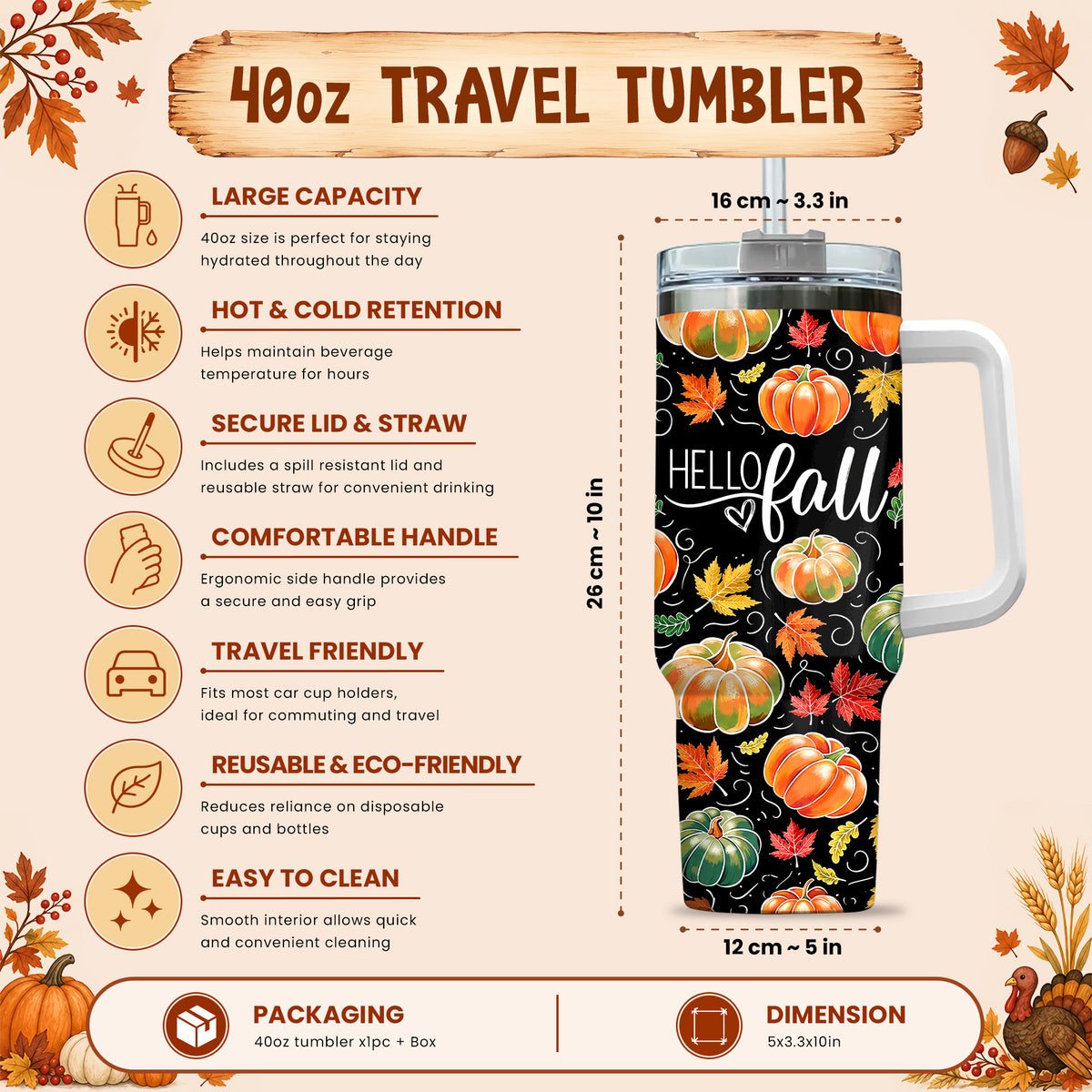 Personalized Thanksgiving Tumbler 40oz, Turkey Fall Leaves Gnome, Hello Fall Custom Name Gift For Adult & Friends