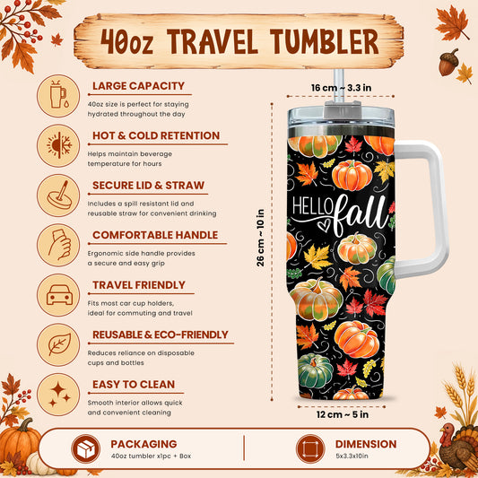 Personalized Thanksgiving Tumbler 40oz, Turkey Fall Leaves Gnome, Hello Fall Custom Name Gift For Adult & Friends