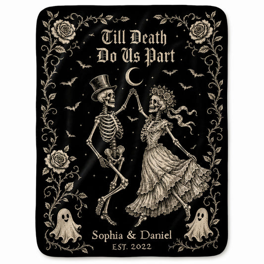 Personalized Skeleton Couple Blanket, Gothic Blanket with Roses, Halloween Gift for Couples, Fleece & Sherpa Blanket