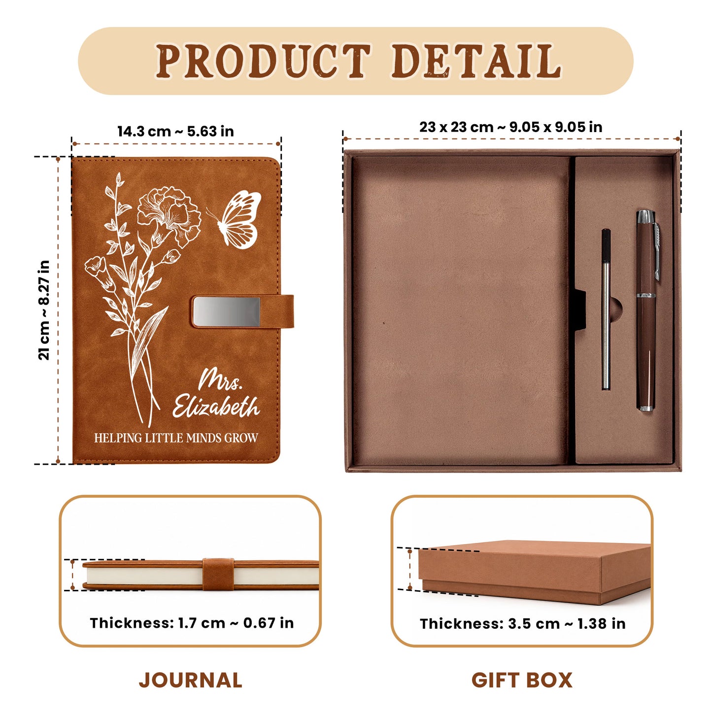 Birth Month Flower Teacher Journal - Custom Name Leather Notebook Gift Set - Teacher Appreciation Gift