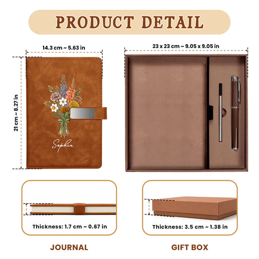 Personalized Leather Notebook Set with Custom Name, Floral Journal Gift Set with Pen for Women, Teacher, Student, Office