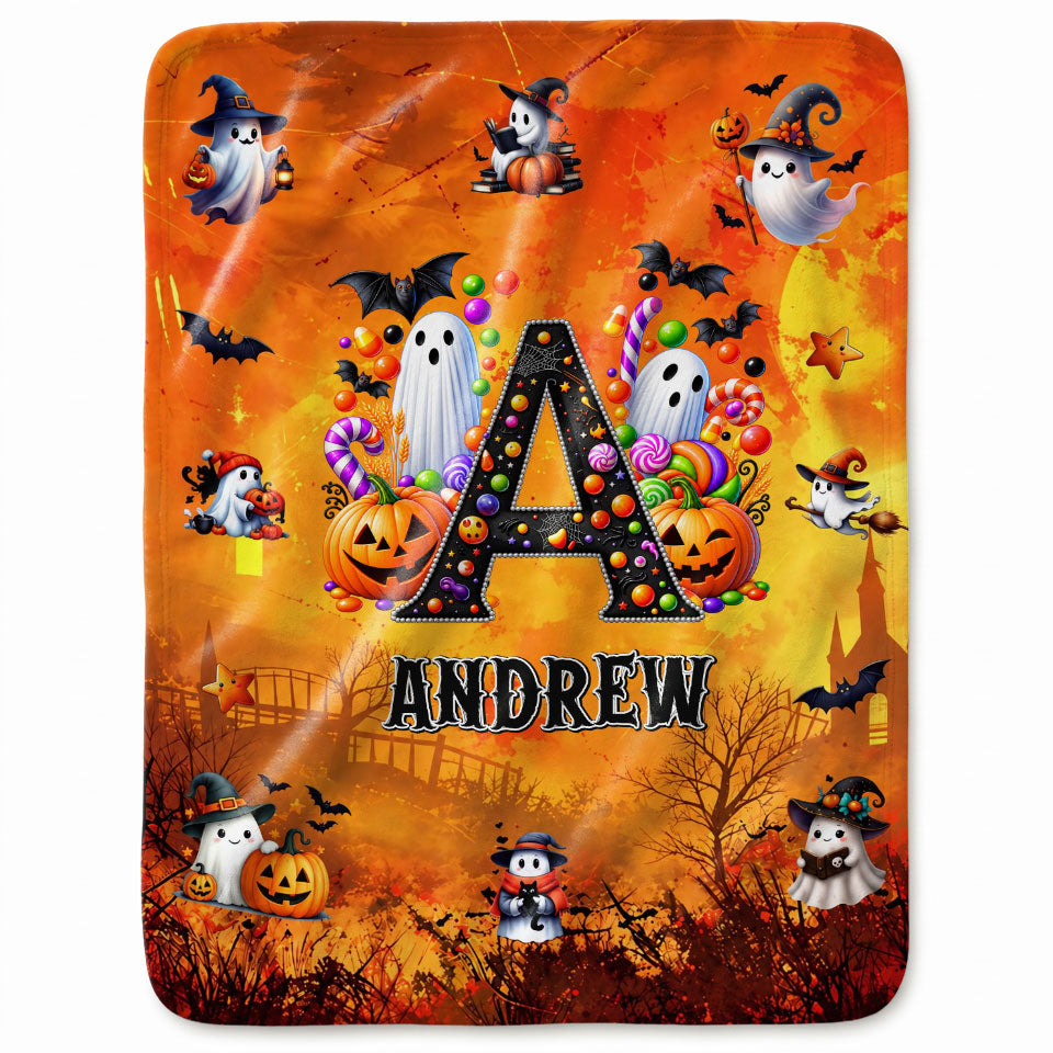 Personalized Halloween Blanket for Kids, Ghost Pumpkin Name Blanket, Fleece & Sherpa Blanket