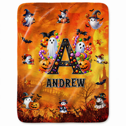 Personalized Halloween Blanket for Kids, Ghost Pumpkin Name Blanket, Fleece & Sherpa Blanket