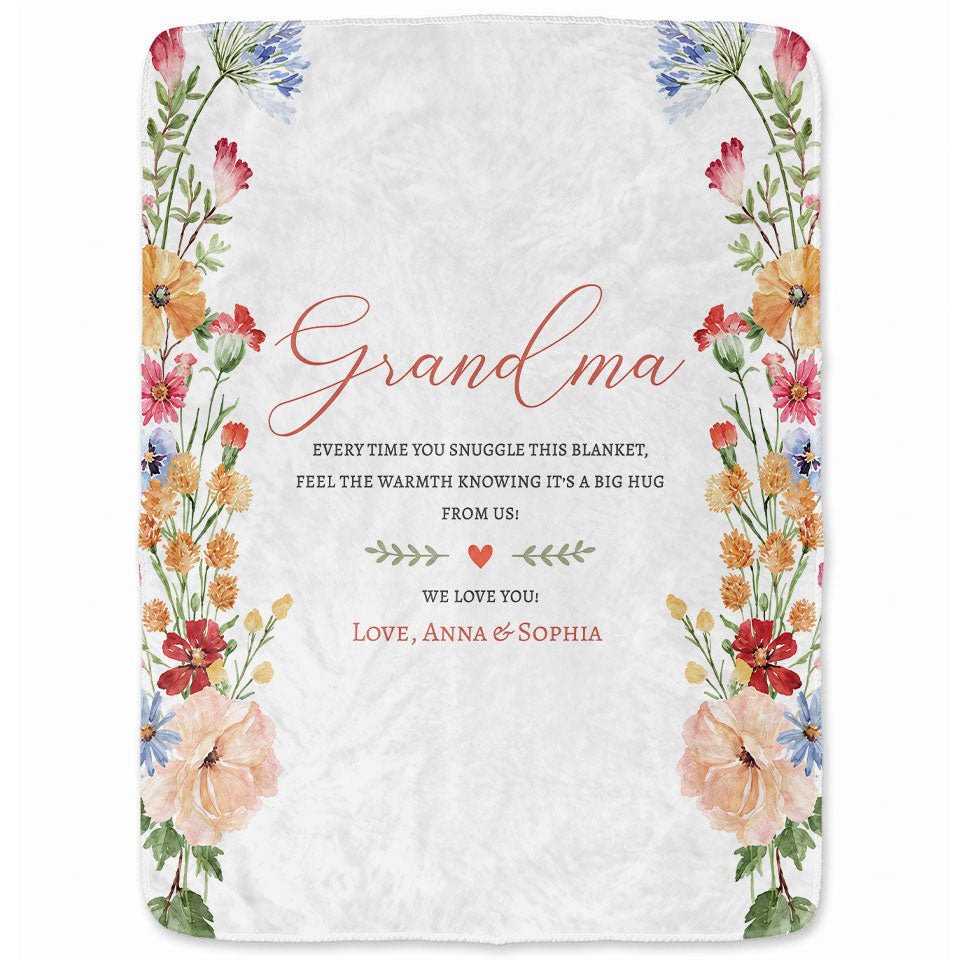 Personalized Grandma Thanksgiving Fleece or Sherpa Blanket, Floral Garden Family Custom Gift for Grandma