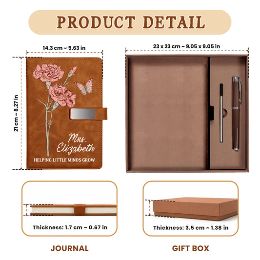 Vintage Birth Month Flower Teacher Journal Book - Custom Name Leather Notebook Gift Set - Teacher Appreciation Gift