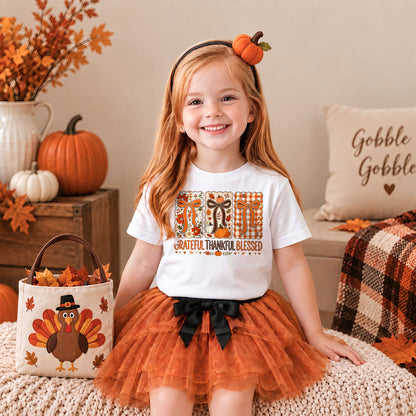 Girls Thanksgiving Shirt, Grateful Thankful Blessed Turkey Pumpkin Bow, Fall Gift for Kids & Women