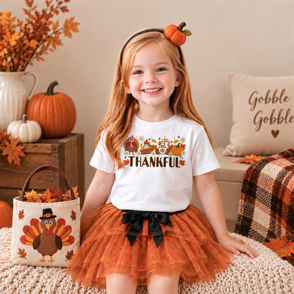Girls Thanksgiving Shirt, Grateful Thankful Blessed Turkey Pumpkin Bow, Fall Gift for Kids & Women