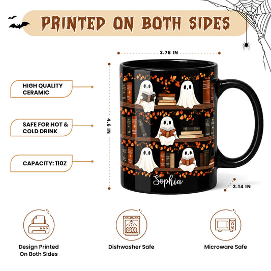 Personalized Halloween Mug, Custom Name Ghost Reading Book, Halloween Party Gift For Women, Adult & Kid