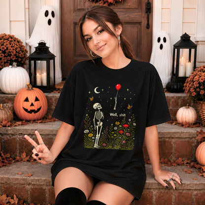 Skeleton Holding Red Balloon Graphic T-Shirt, Funny Halloween Inspired Skeleton Shirt, Spooky Season Casual Tee