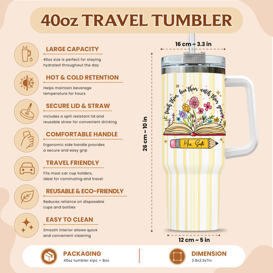 Personalized 40oz Teacher Tumbler with Handle & Straw – Custom Floral Teacher Gift for Back to School, First Day of School & Teacher Appreciation
