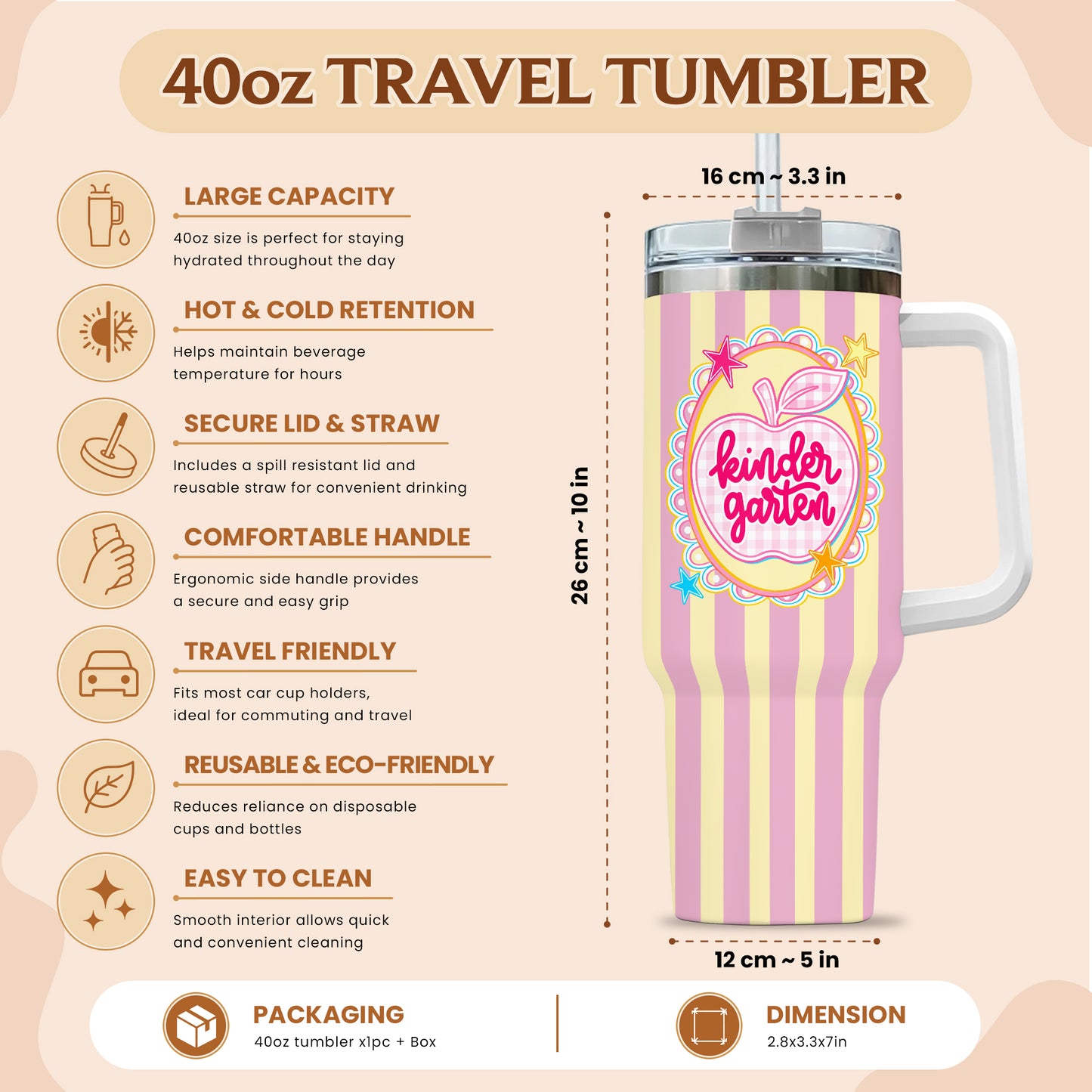 Personalized Teacher & Student Tumbler 40oz with Handle – Custom Name & Grade, Striped Apple School Tumbler for Preschool to 8th Grade