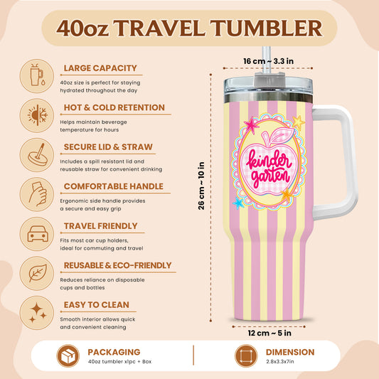 Personalized Teacher & Student Tumbler 40oz with Handle – Custom Name & Grade, Striped Apple School Tumbler for Preschool to 8th Grade