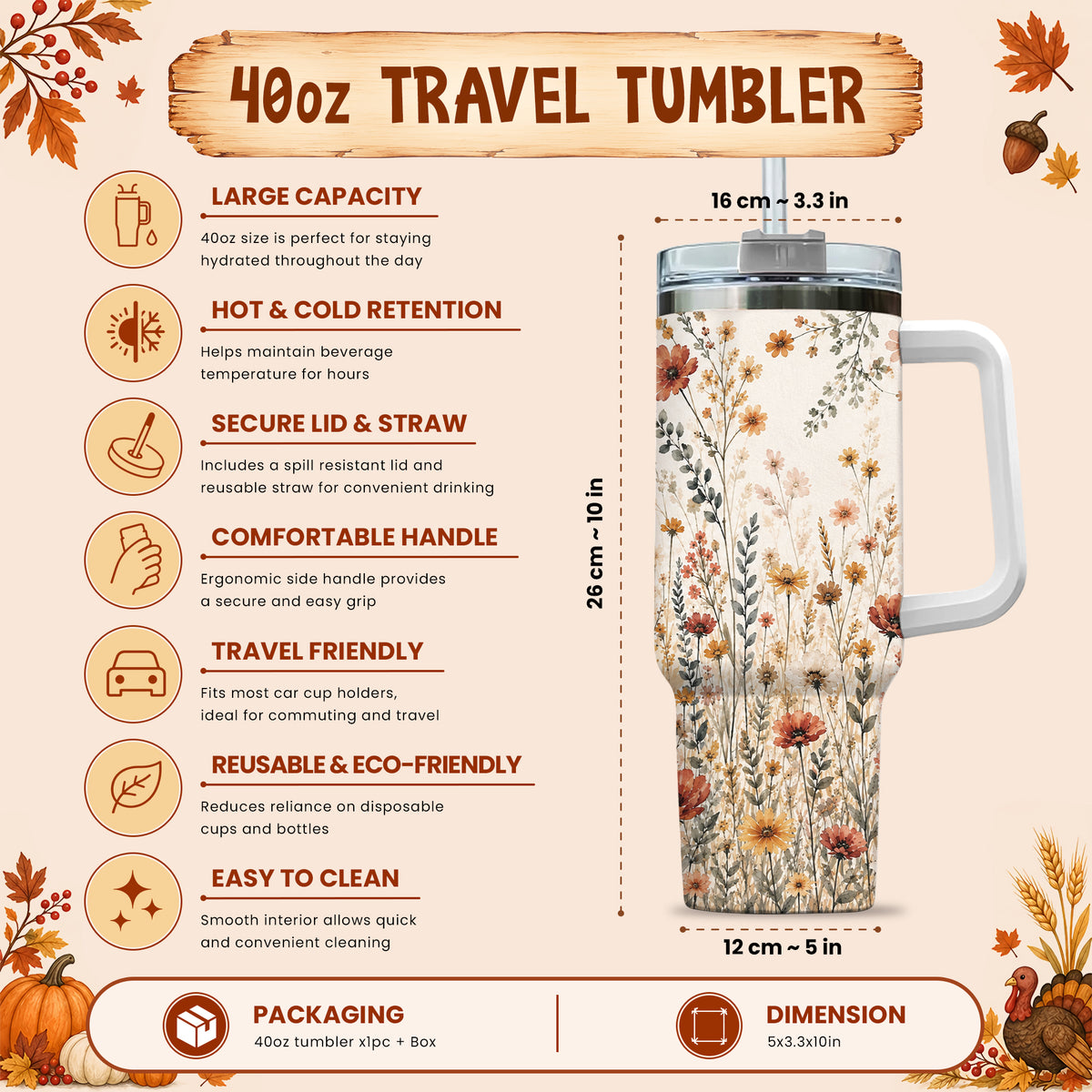 Personalized Thanksgiving Tumbler 40oz with Handle, Floral Fall Design, Gift For Grandma