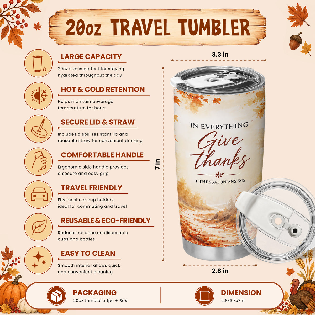 Christian Fall Thanksgiving 20oz Travel Coffee Mug Tumbler, Autumn Gift for Women, Family