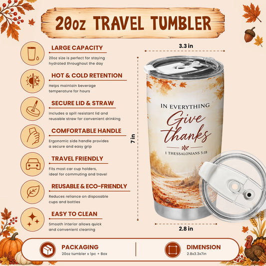 Christian Fall Thanksgiving 20oz Travel Coffee Mug Tumbler, Autumn Gift for Women, Family