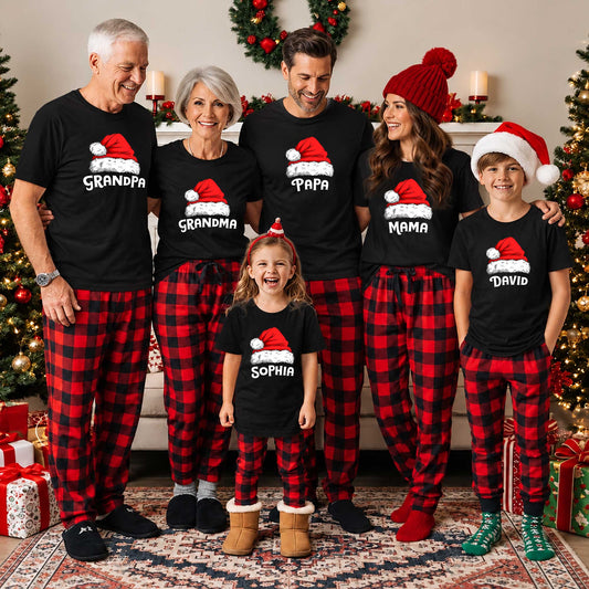 Personalized Family Christmas Shirts, Matching Santa Hat Tees, Custom Name Holiday Gift