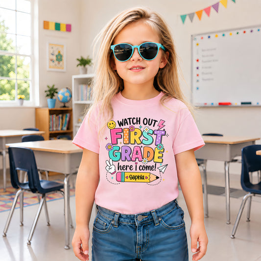 Personalized Watch Out Back to School Shirt – Custom Name & Grade Colorful Tee for Pre-K to 8th Grade Students
