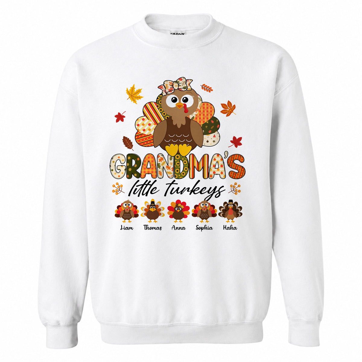 Personalized Thankful Grateful Blessed Grandma Sweatshirt, Custom Grandma Turkey with Grandkids Names Gift For Family