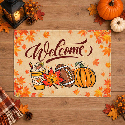 Fall Football Pumpkin Doormat, Welcome Autumn Leaves Door Mat, Thanksgiving Home Decor