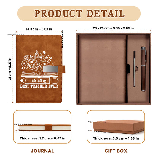 Best Teacher Ever Notebook - Custom Name Leather Notebook Gift Set - Thank You Teacher Gift