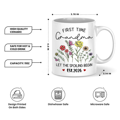 Personalized First Time Grandma Mug – Let The Spoiling Begin Coffee Mug, New Grandma Gift Est 2026