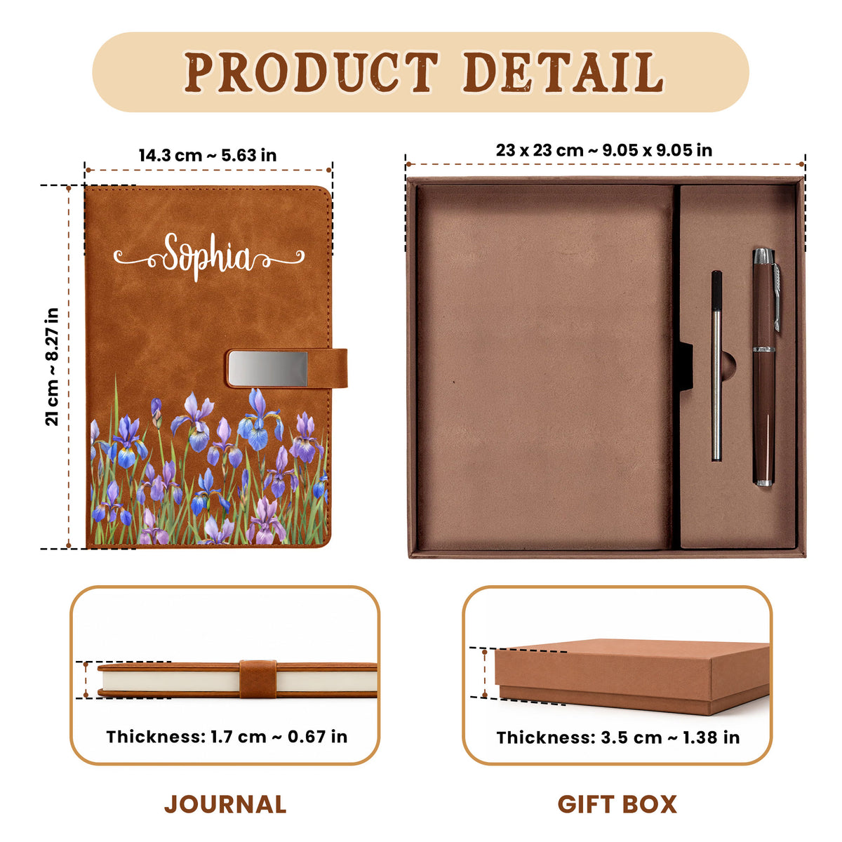 Personalized Floral Journal Gift Set - Custom Name Birth Month Flower Leather Notebook with Pen - Birthday Gift for Women, Friends