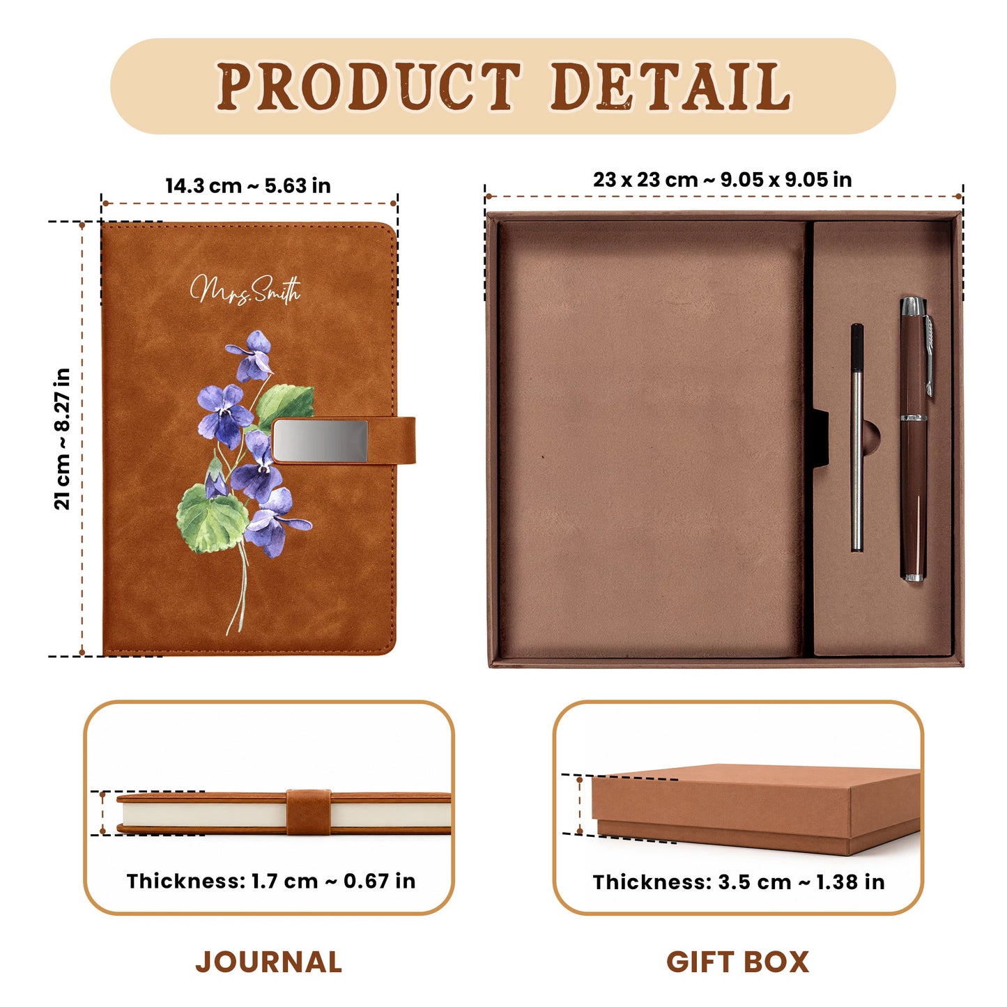 Personalized Leather Notebook Set with Custom Name, Floral Journal Gift Set with Pen for Women, Teacher, Student, Office