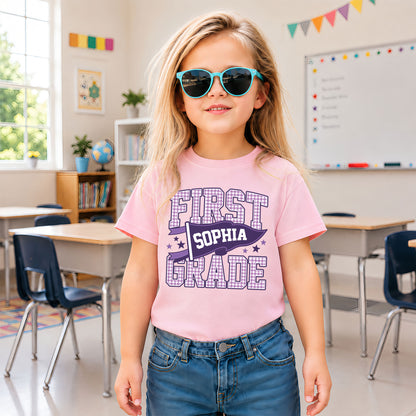 Personalized Back to School Shirt – Custom Name & Grade Preppy Striped Pennant Flag Color Tee for Teachers & Students, Pre-K to 8th Grade Outfit