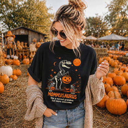 Personalized Grandmasaurus Halloween T-Shirt, Custom Grandkids Names Dinosaur Family Shirt, Spooky Pumpkin Grandma Tee