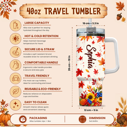 Personalized Thanksgiving Tumbler 40oz, Turkey Fall Leaves Gnome, Hello Fall Custom Name Gift For Adult & Friends