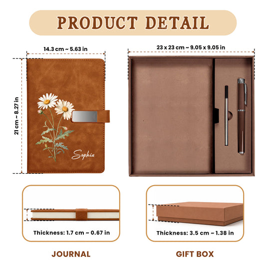Personalized Leather Notebook Set with Custom Name, Floral Journal Gift Set with Pen for Women, Teacher, Student, Office