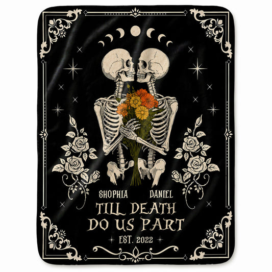 Personalized Skeleton Couple Blanket, Gothic Blanket with Roses, Halloween Gift for Couples, Fleece & Sherpa Blanket