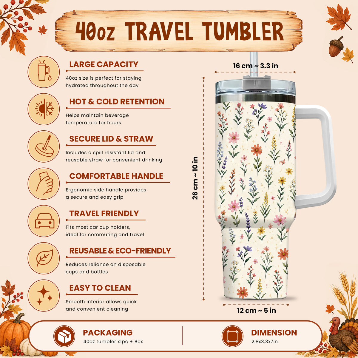 Personalized Thanksgiving Tumbler 40oz with Handle, Floral Fall Design, Gift For Grandma