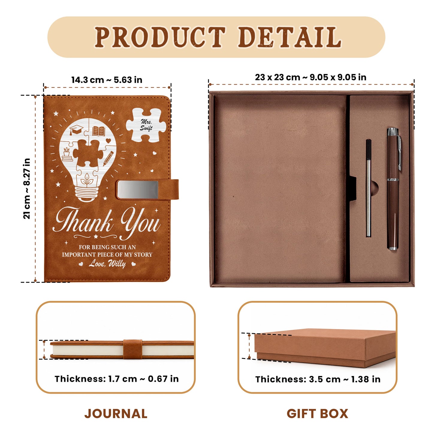 Thank You Teacher Journal Book - Custom Name Leather Notebook Gift Set - Teacher Appreciation Gift