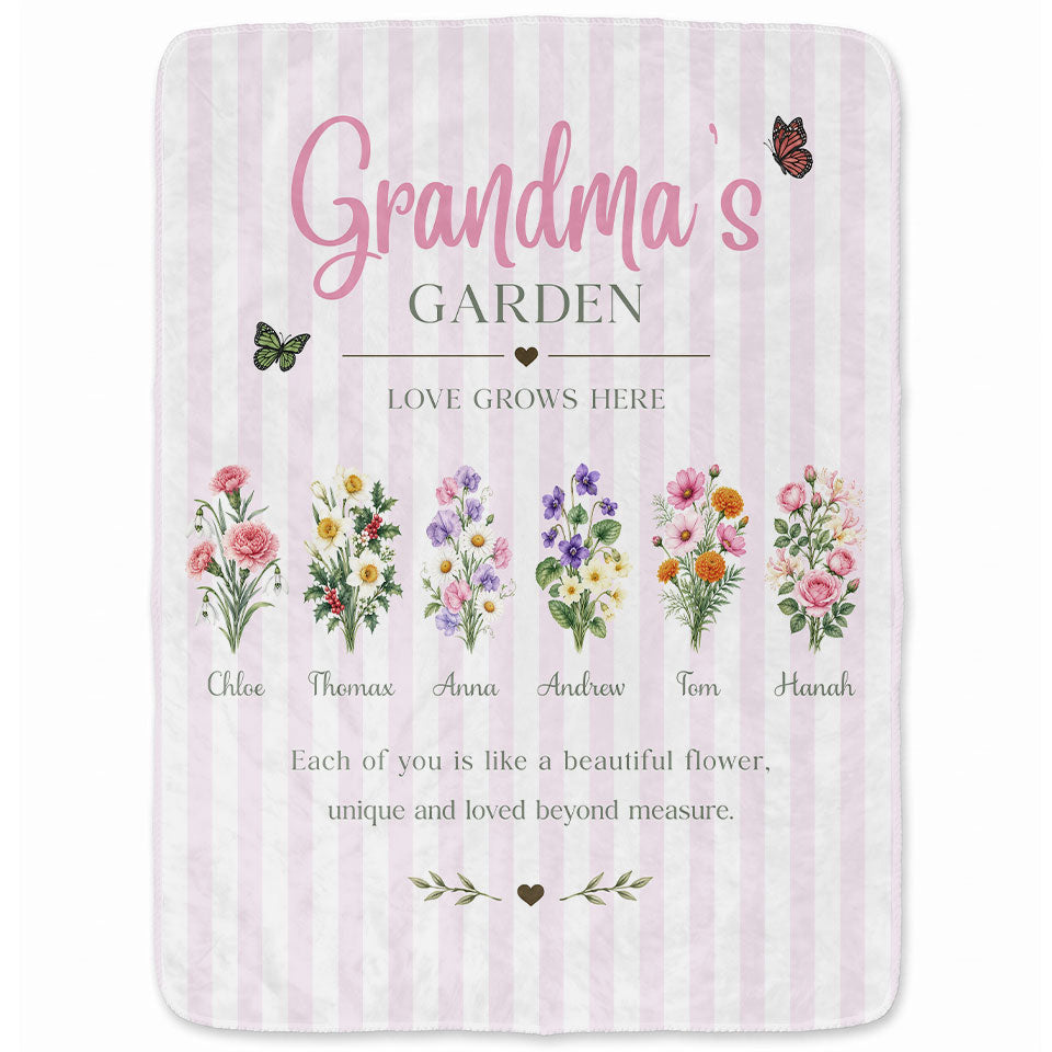 Personalized Grandma Thanksgiving Fleece & Sherpa Blanket, Family Garden Floral Custom Name Gift for Grandma