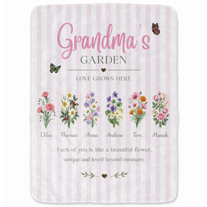 Personalized Grandma Thanksgiving Fleece & Sherpa Blanket, Family Garden Floral Custom Name Gift for Grandma