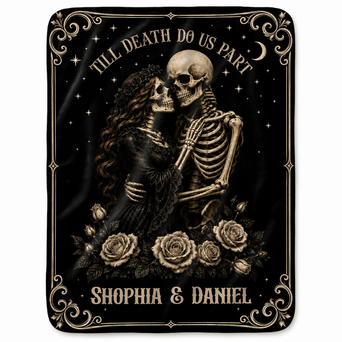 Personalized Skeleton Couple Fleece & Sherpa Blanket, Gothic Blanket with Roses, Halloween Gift for Couples