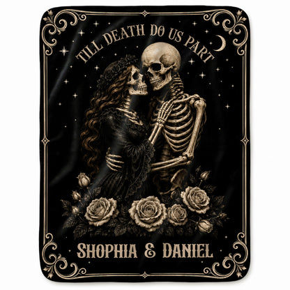 Personalized Skeleton Couple Fleece & Sherpa Blanket, Gothic Blanket with Roses, Halloween Gift for Couples