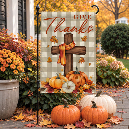 Give Thanks Fall Garden Flag, Rustic Cross Pumpkin Thanksgiving Yard Flag, Autumn Outdoor Decor
