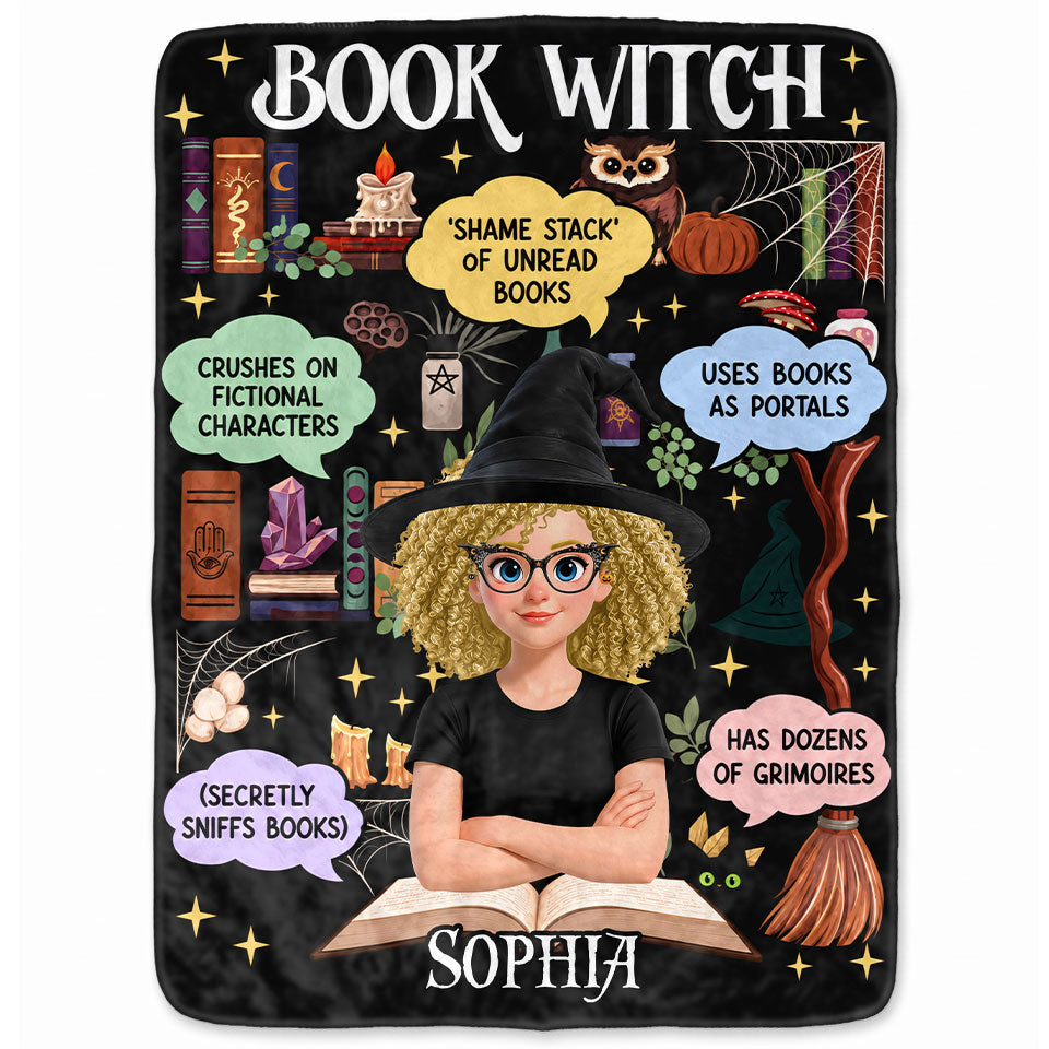 Personalized Book Witch Blanket, Custom Name & Character Halloween Reading Blanket for Women and Girls