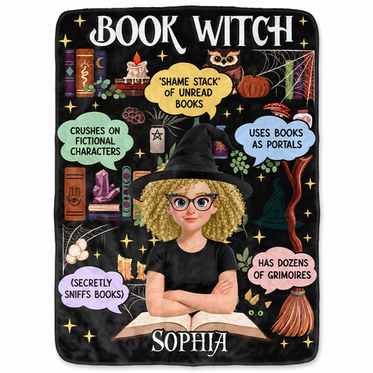 Personalized Book Witch Blanket, Custom Name & Character Halloween Reading Blanket Gift for Women and Girls