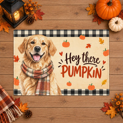 Custom Photo Watercolor Pet With Autumn Accessories Hey There Pumpkin - Personalized Doormat