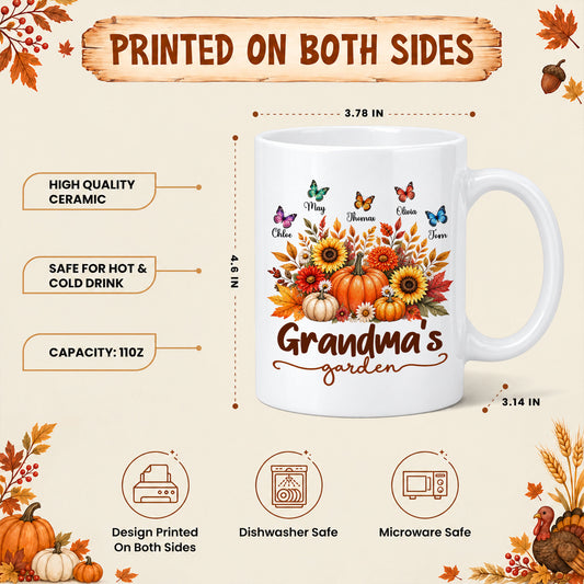 Personalized Grandma’s Garden Mug, Custom Grandkids, Thanksgiving Autumn Gift For Grandma