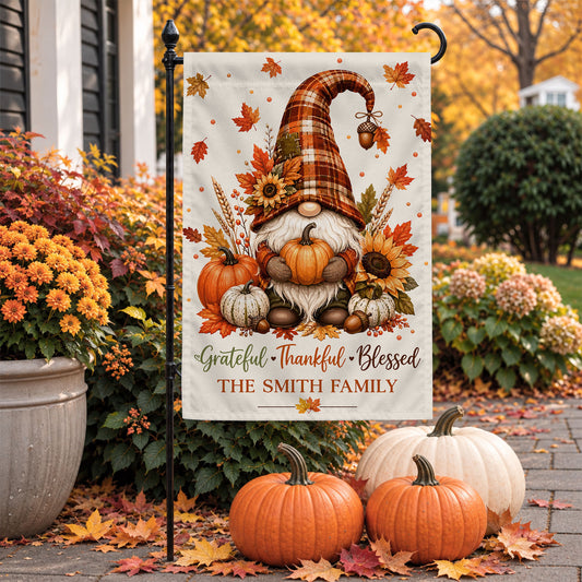 Personalized Thanksgiving Family Flag, Gnome Fall Garden Custom Family Name, Outdoor Decor Gift For Family