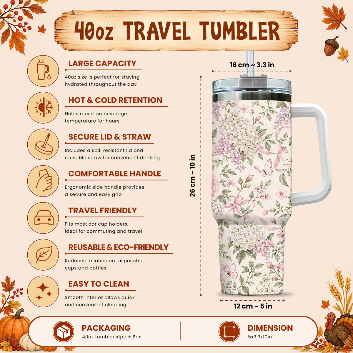 Personalized Thanksgiving Tumbler 40oz with Handle, Floral Fall Design, Gift For Grandma