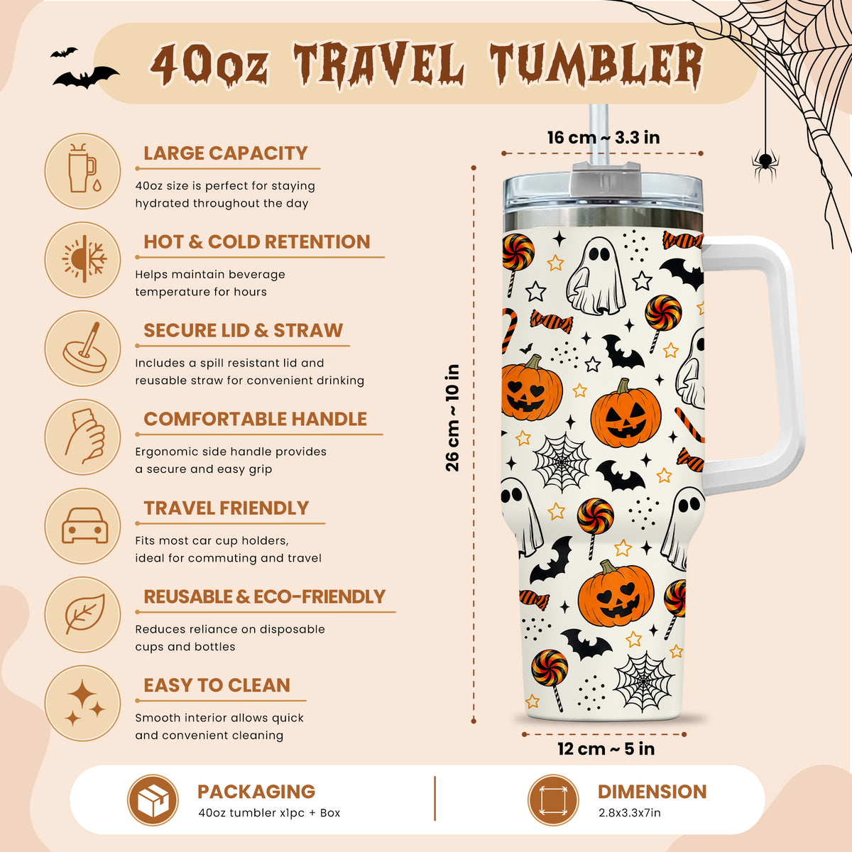 Personalized Halloween Tumbler, 40oz Travel Tumbler with Name, Vintage Spooky Pattern Gift Girls and Boys