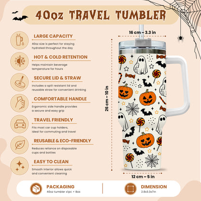 Personalized Halloween Tumbler, 40oz Travel Tumbler with Name, Vintage Spooky Pattern Gift Girls and Boys