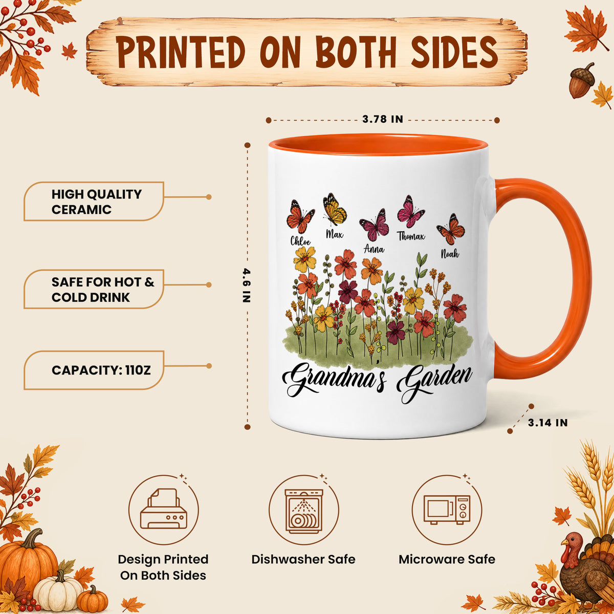 Personalized Grandma’s Garden Mug, Custom Grandkids, Thanksgiving Autumn Gift For Grandma