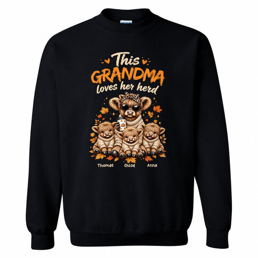 Personalized Grandma Sweatshirt, Custom Grandma Highland Cow with Grandkids Names Gift For Family